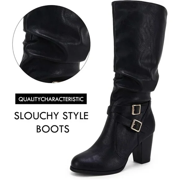 Women Black 1 Mid Knee High Boots Chunky Heel Slouchy Metal Buckle Winter Shoes - Picture 4 of 7